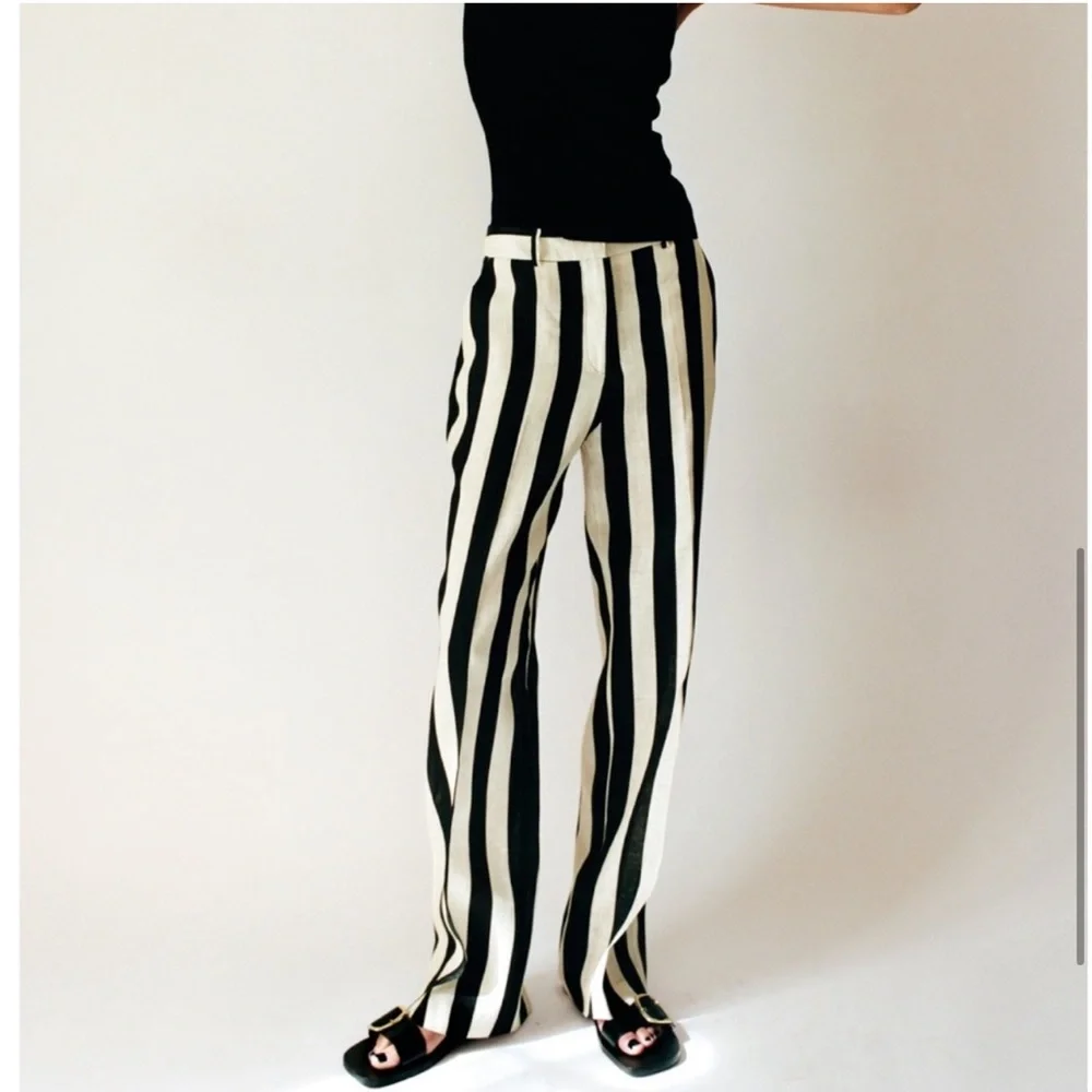 ZARA STRIPED STRAIGHT LEG LINEN PANTS